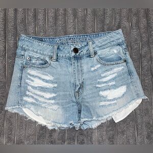 American Eagle Hi- Rise Festival Outfitters Light Blue Distressed Jean Shorts